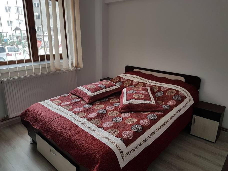 a bed with a red blanket and pillows on it at Apartament Mioritza 2B in Horezu
