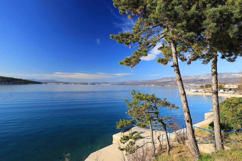 a view of a lake with trees in the foreground at Cool Šilo Appartement Resort in Šilo
