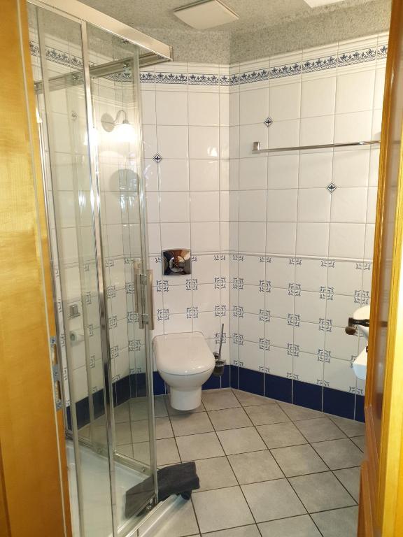 a bathroom with a toilet and a glass shower at Hotel Piccolo in Schleiz