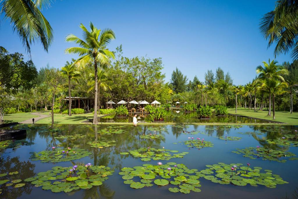 a pond with lilies and palm trees in a park at The Sarojin in Khao Lak