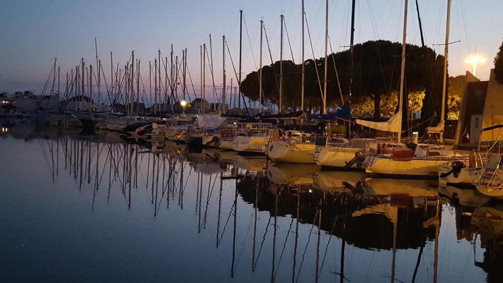un groupe de bateaux amarrés dans un port de plaisance à crépuscule dans l'établissement Location studio Grau du Roi Mas des Marines Piscine, au Grau-du-Roi