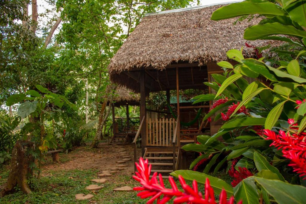 a hut with a thatched roof and red flowers at Tambopata River in Puerto Maldonado