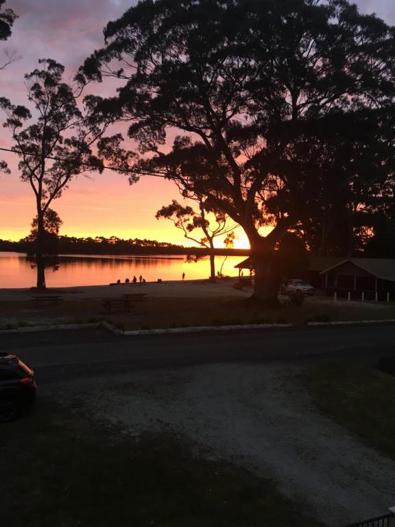 a sunset over a body of water with a tree at Gull Apartment in Strahan