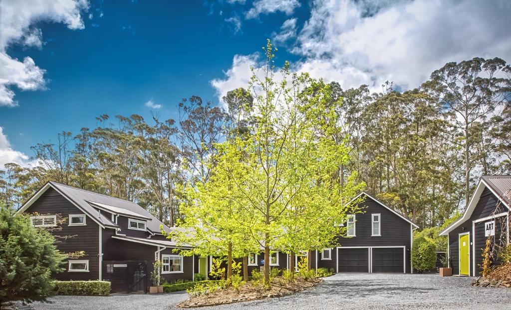 a house with a tree in the driveway at Treghan Luxury Lodge in Kerikeri