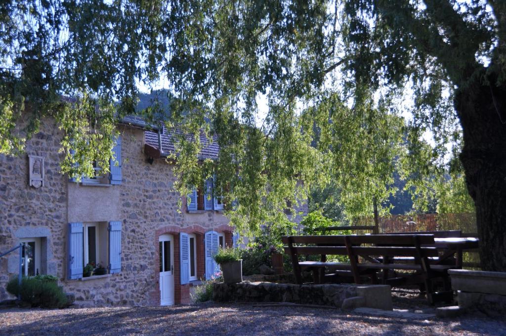 a building with a tree and a bench in front of it at la Ferme aux abeilles in Ambierle