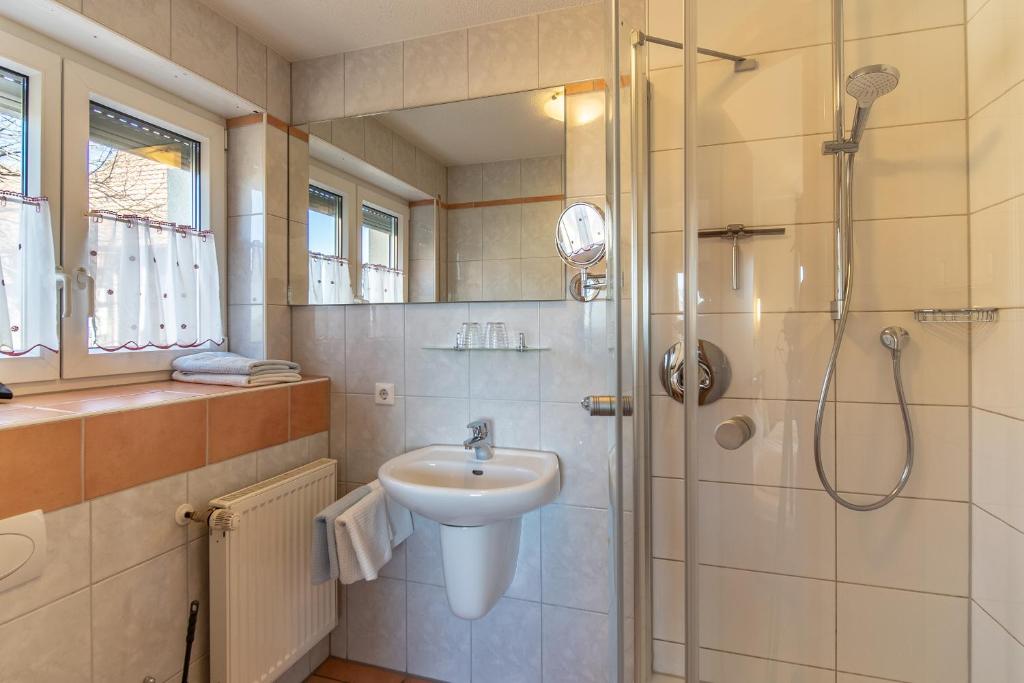a bathroom with a sink and a shower at Haus am Blauenbach in Schliengen