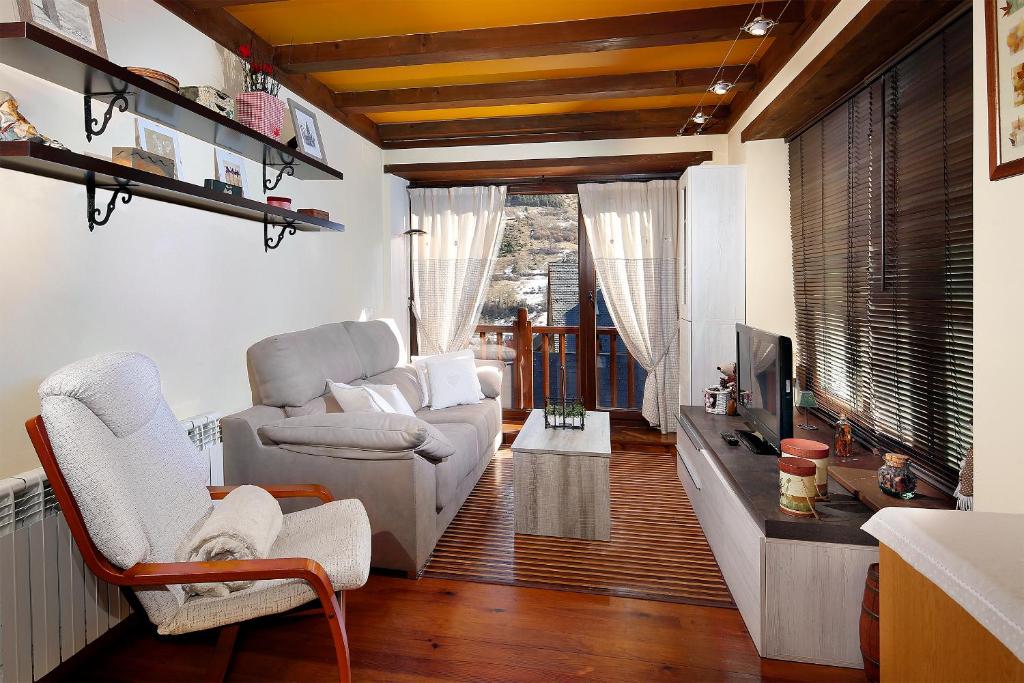 Apartamento La Santeta de Aran في فييا: غرفة معيشة مع أريكة وتلفزيون