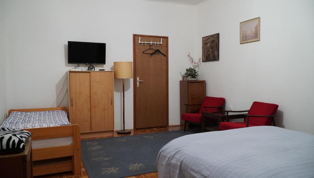 een slaapkamer met een bed en twee stoelen en een televisie bij Apartments Nera in Zagreb
