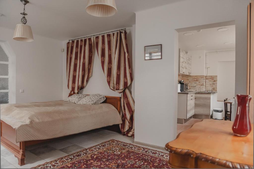 ein Schlafzimmer mit einem Bett mit einem Vorhang und einem Tisch in der Unterkunft Ugnies Kaukes Apartament Kęstučio gatvė 17 in Vilnius