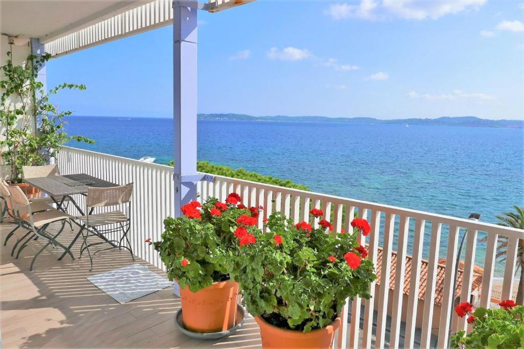 een balkon met twee potten bloemen op de oceaan bij Duplex de la Baie de st Tropez in Sainte-Maxime