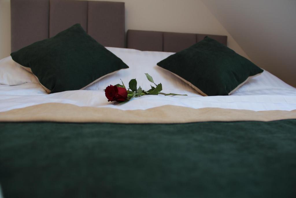 une rose rouge assise au-dessus d'un lit dans l'établissement Azymut, à Suwałki