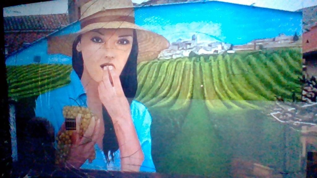 uma pintura de uma mulher com um dedo na boca em turismo rural del somontano (Alquiler de apartamentos) em Salas Bajas