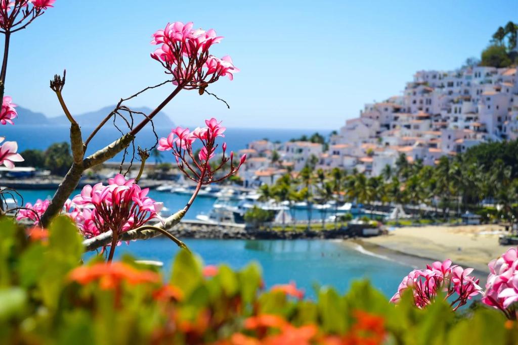 widok na plażę z różowymi kwiatami w obiekcie Playasol Las Hadas w mieście Manzanillo