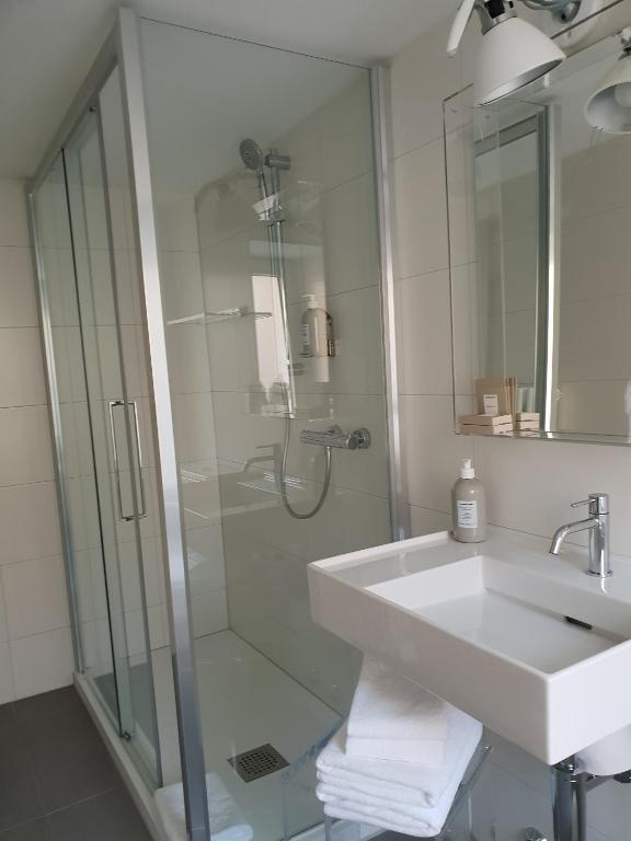 a white bathroom with a shower and a sink at Hotel & Restaurant Forni in Airolo