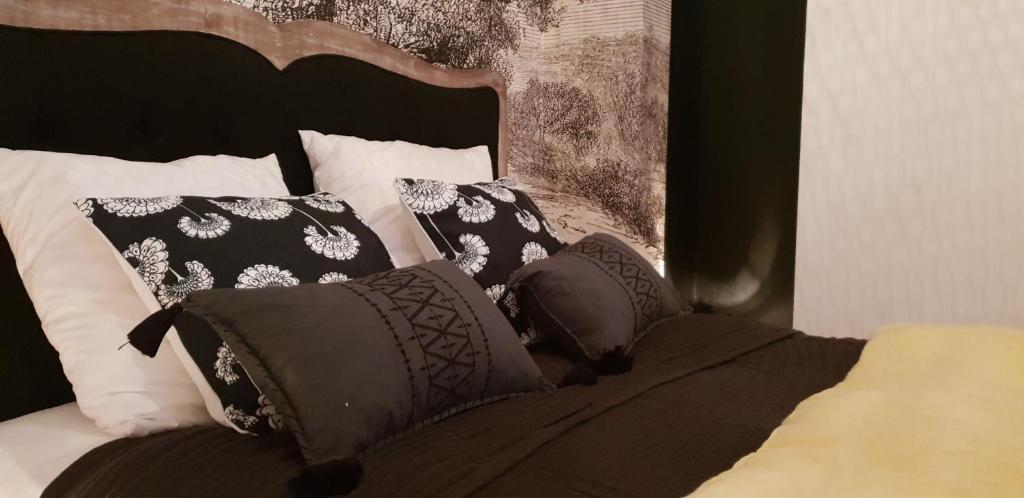 Una cama con almohadas blancas y negras. en NATURE & CHATEAUX en Azay-le-Rideau