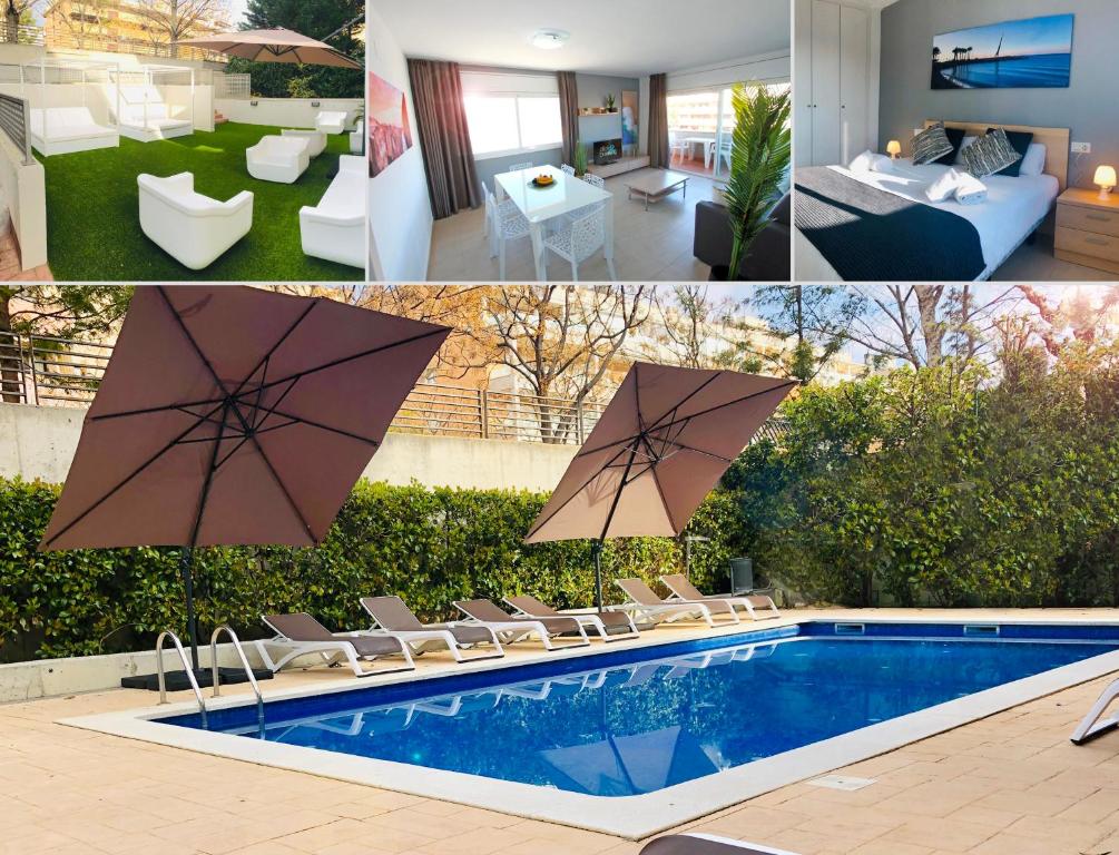 un collage de cuatro fotos de una piscina con sombrilla en Salou Med Apartamentos, en Salou