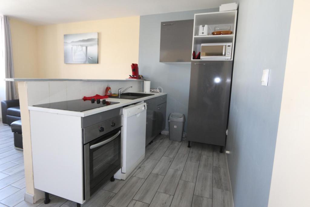a small kitchen with a sink and a refrigerator at Apparts Gites Cholet centre in Cholet