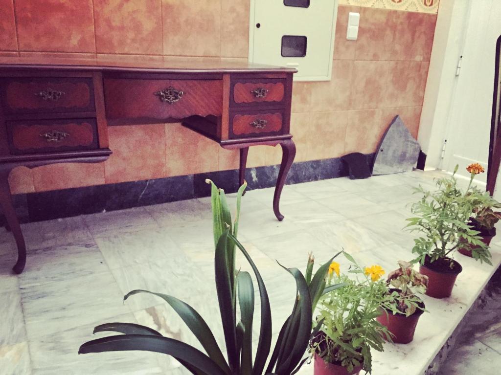 um quarto com uma secretária e vasos de plantas em Yard em Amora