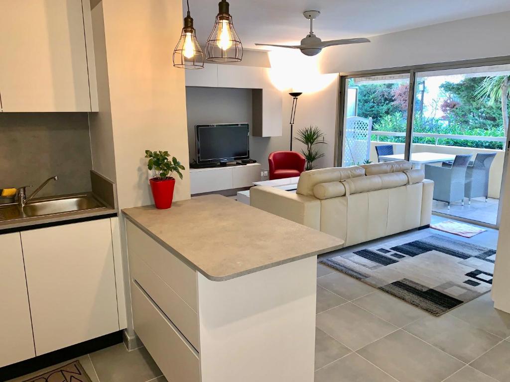 une cuisine et un salon avec un canapé et une table dans l'établissement Antibes Juan les Pins center,1 bedroom apart, pool, à Antibes