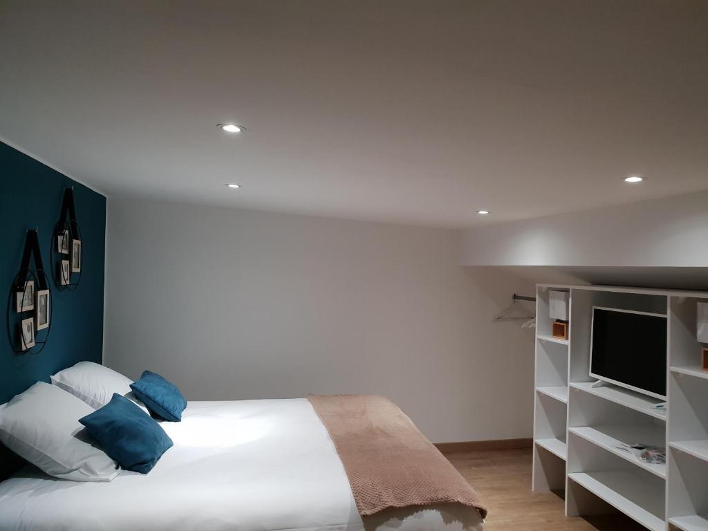 a bedroom with a large bed and a television at APPART HOTEL LA CENSE PIERROT DES PRINCES in Saint-Amand-les-Eaux