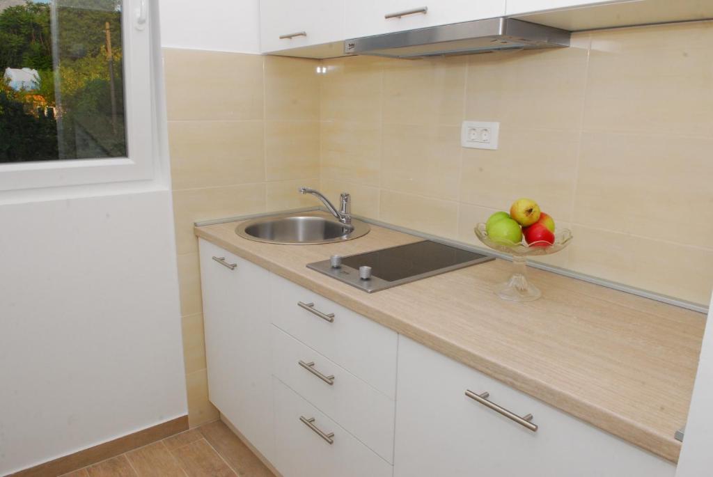 a kitchen with a sink and a bowl of fruit at Hera Apartment in Donji Stoliv