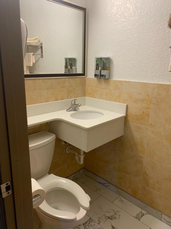 a bathroom with a toilet and a sink and a mirror at Budget Inn Lake Wales in Lake Wales