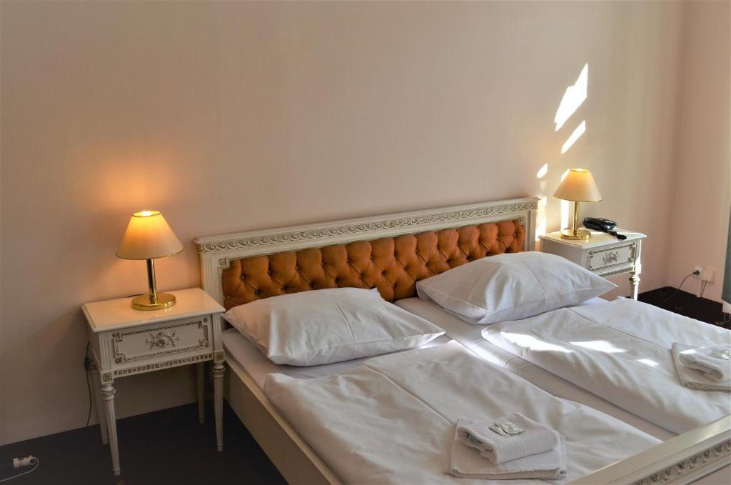 En eller flere senger på et rom på Hotel Palacky