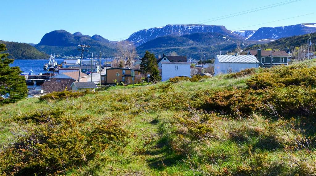 a small town on a hill with mountains in the background at The Rooms at Woody Point in Bonne Bay