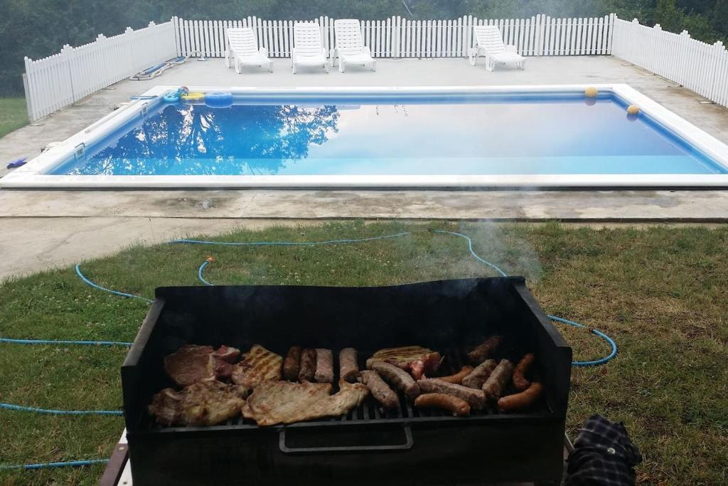 a barbecue grill in front of a swimming pool at Teo-Sport in Cerovac