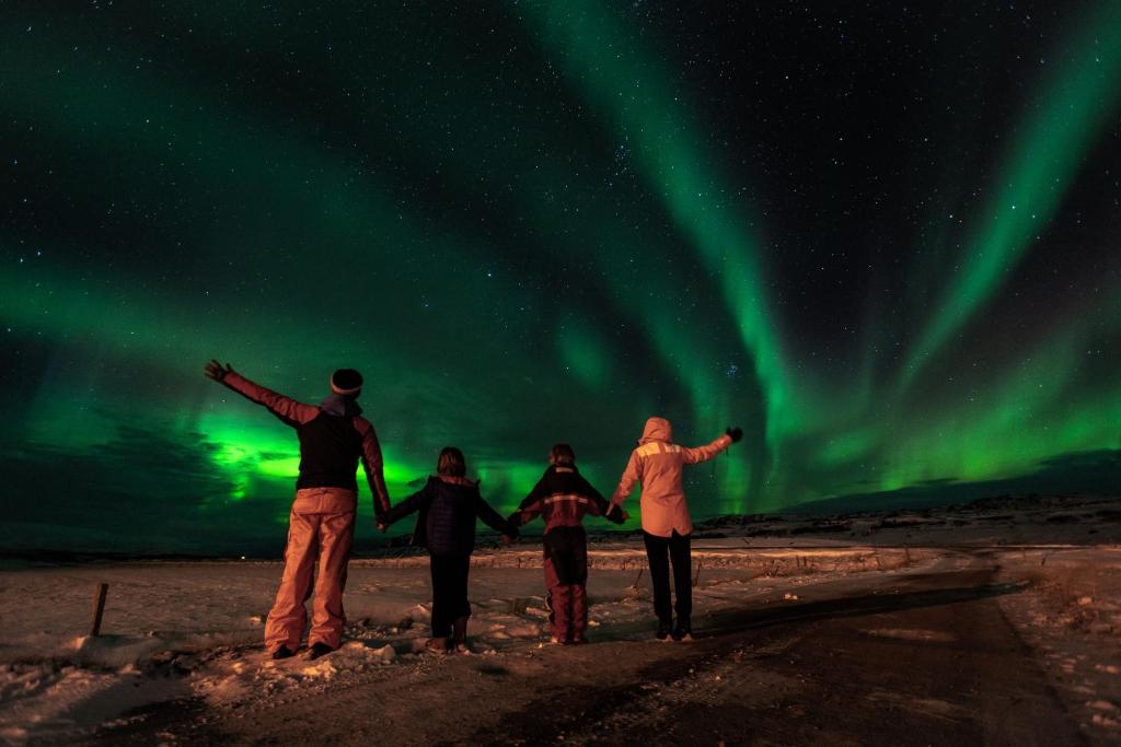 un grupo de personas de pie bajo la aurora boreal en Hrafnabjörg 4, en Hrafnabjorg