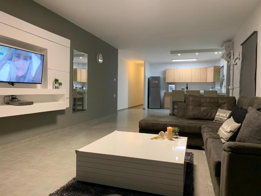 a living room with a couch and a tv at Spat Apartments in Bat Yam