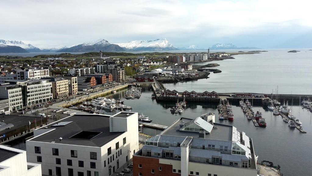 una vista aerea di un porto con barche in acqua di Bodø Apartment a Bodø