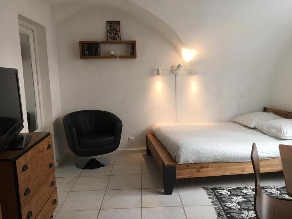 um quarto com uma cama, uma cadeira e uma televisão em Studio - Fontaine em Saint-Paul-Trois-Châteaux