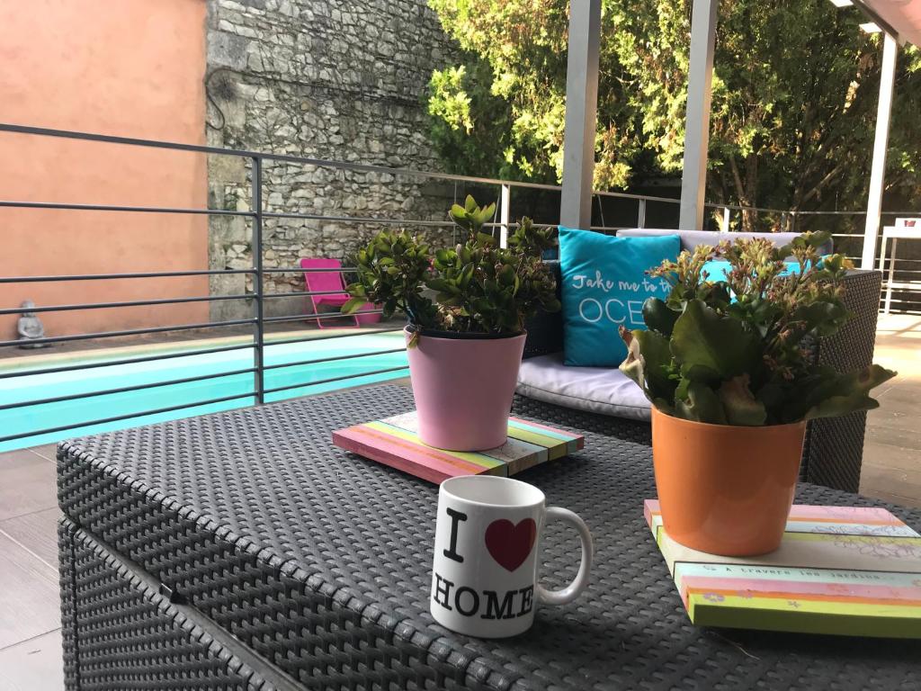 einen Tisch mit zwei Topfpflanzen und einer Kaffeetasse in der Unterkunft Allegria Nîmes in Nîmes