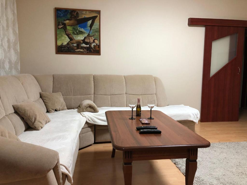uma sala de estar com um sofá e uma mesa de centro em Apartment Sever Hroncova em Košice