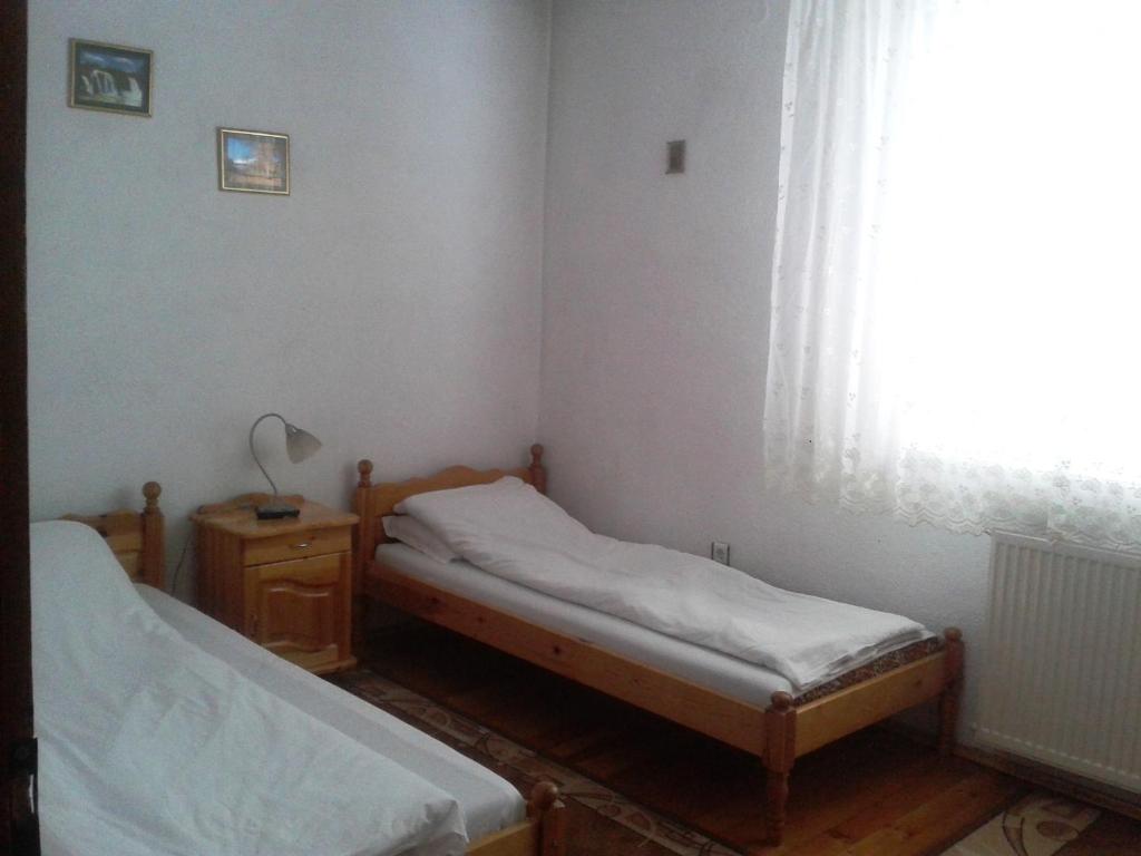 ドブリニシュテにあるTsvetkovi Guest Houseのベッド2台と窓が備わる小さな客室です。