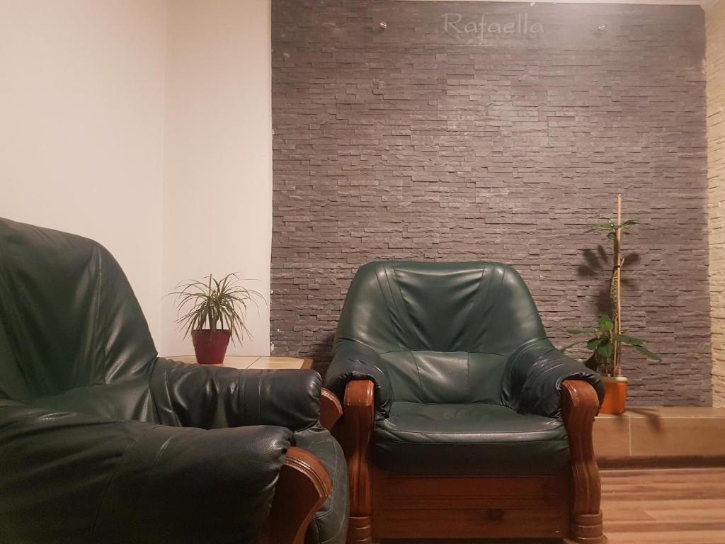 チェスカー・カメニツェにあるPenzion Rafaellaの待合室に座る革張りの椅子2脚