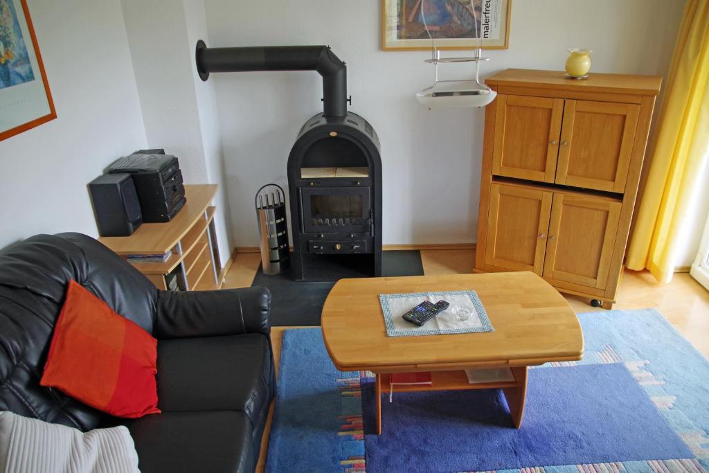a living room with a couch and a wood stove at Bernsteinhaus Wohnung Usedom in Kölpinsee