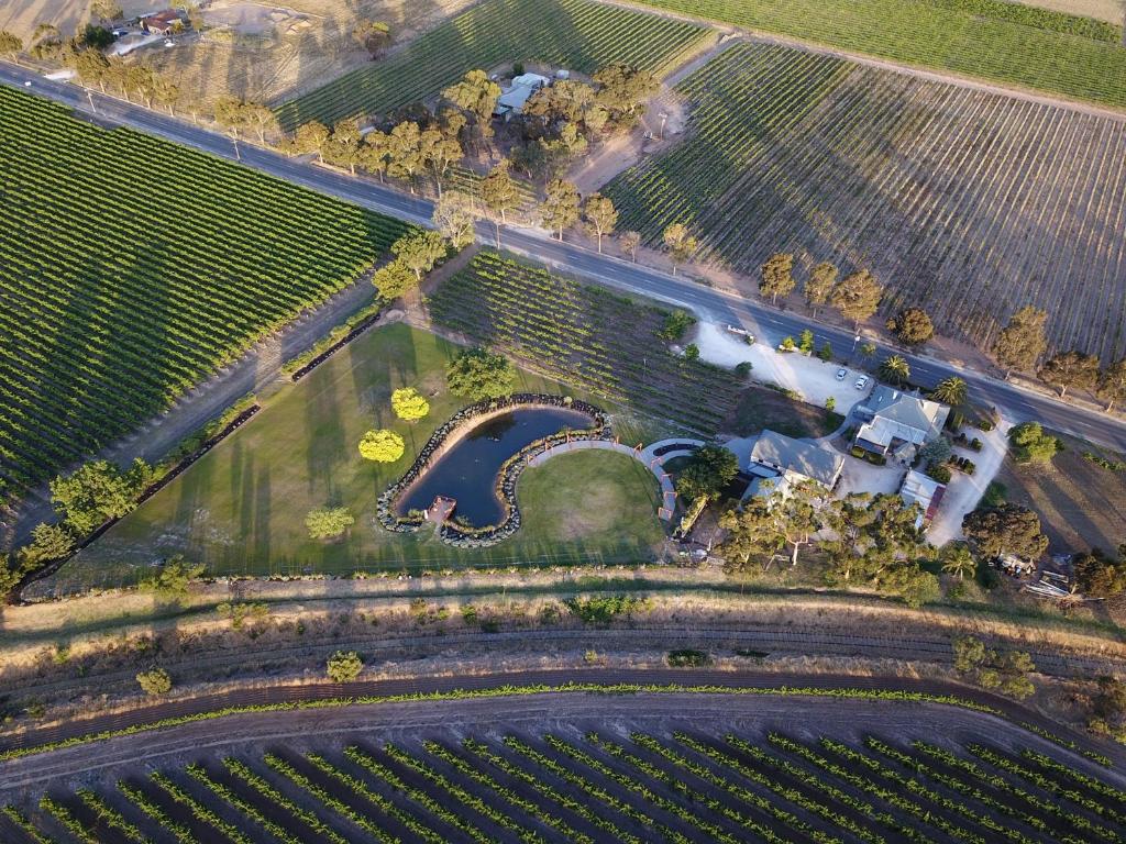 
an aerial view of a city with a train on the tracks at Lanzerac Country Estate in Tanunda
