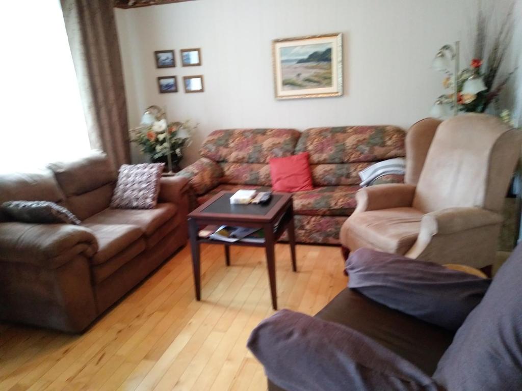 a living room with a couch and a table at Gîte Marie-Claire in Petit-Saguenay