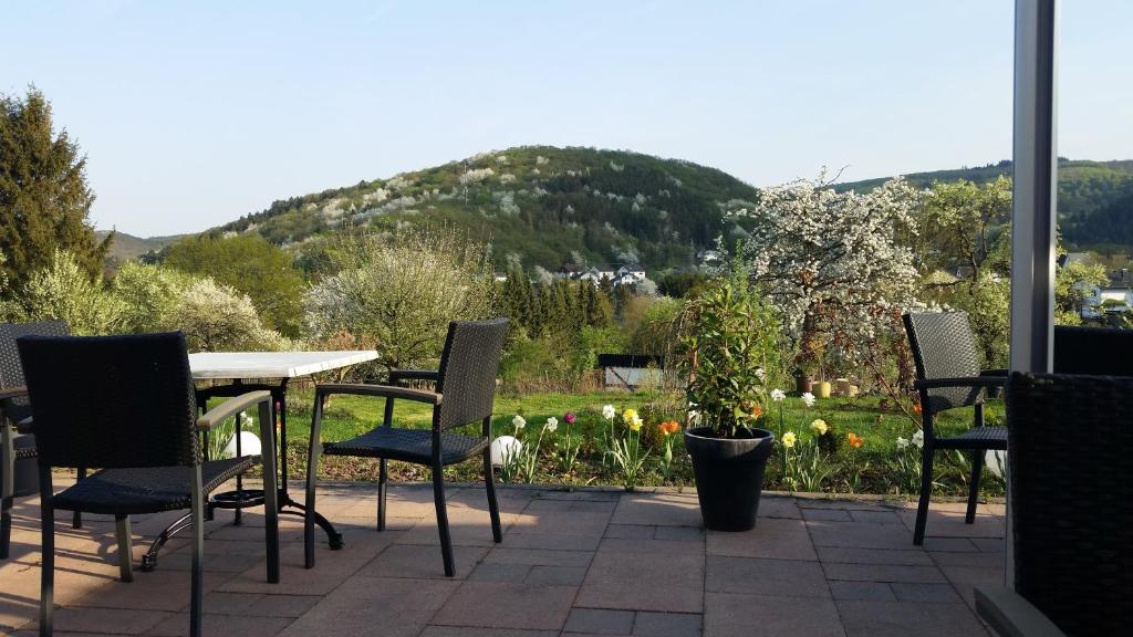 a patio with a table and chairs and a garden at Hinter den Spiegeln in Heimbach