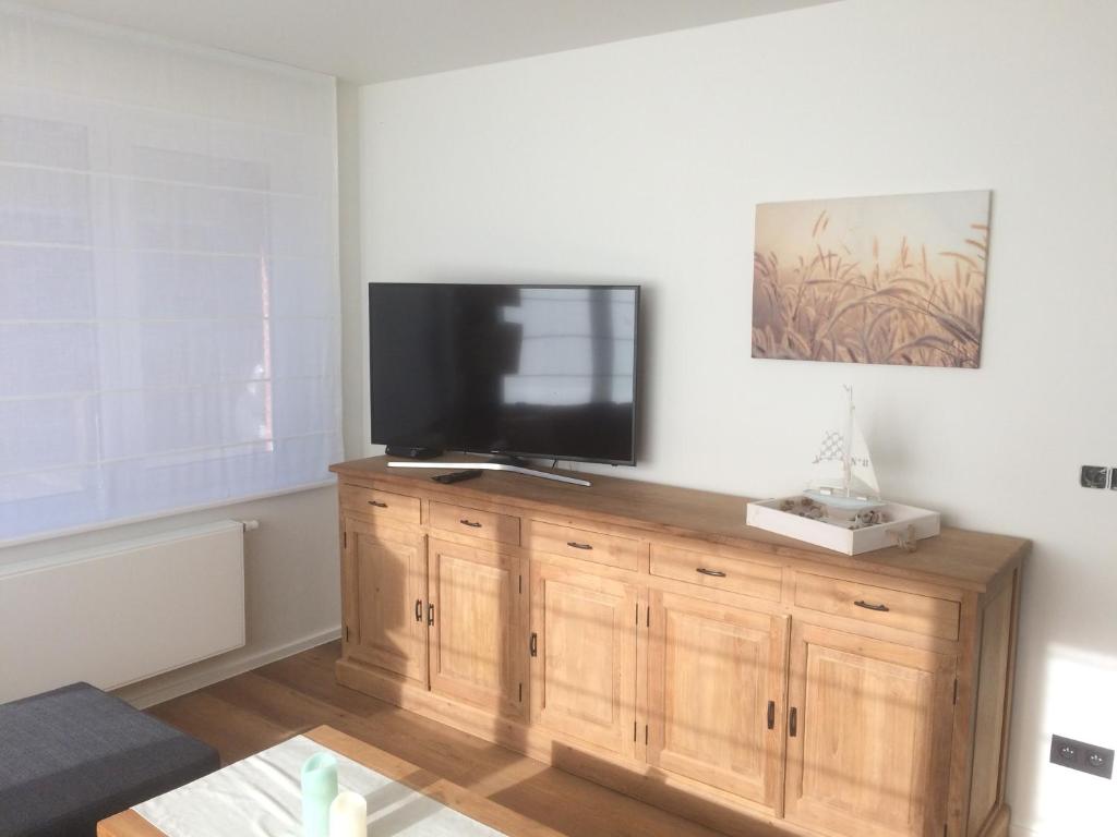 克諾克－海斯特的住宿－Vakantie Verhuur Gelijkvloers appartement SOL Y MAR，客厅配有木柜上的平面电视