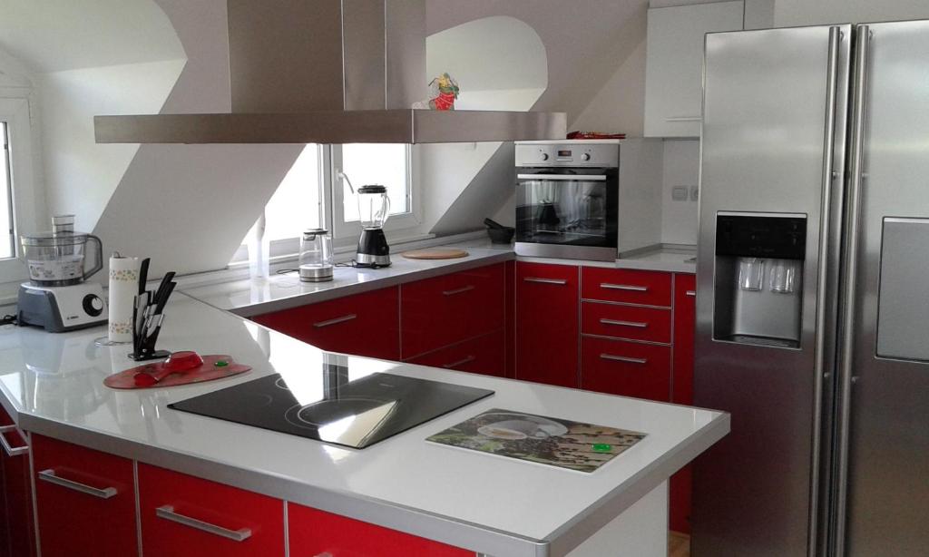 uma cozinha com armários vermelhos e um frigorífico de aço inoxidável em Apartment Sagittarius em Kyustendil