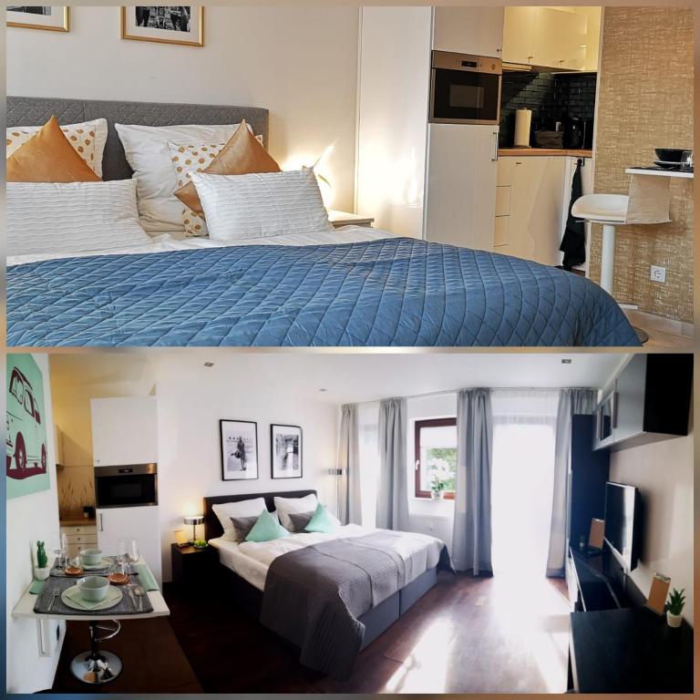 two pictures of a bedroom with a bed and a living room at RhePi-Apartment in Essen