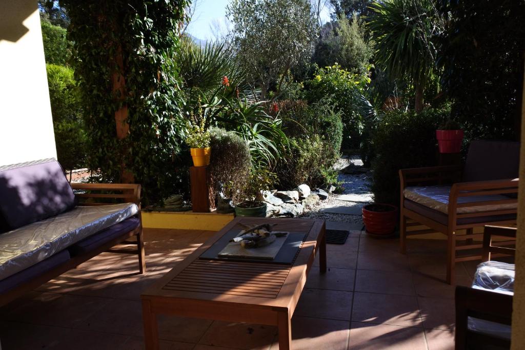 帕翠莫尼歐的住宿－Patrimonio chambre avec commodités chez l’habitant，庭院里设有桌子和一只猫躺在地上