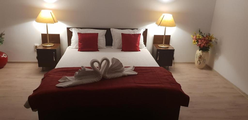 a bedroom with a large bed with red pillows at Casa Lions in Timişoara