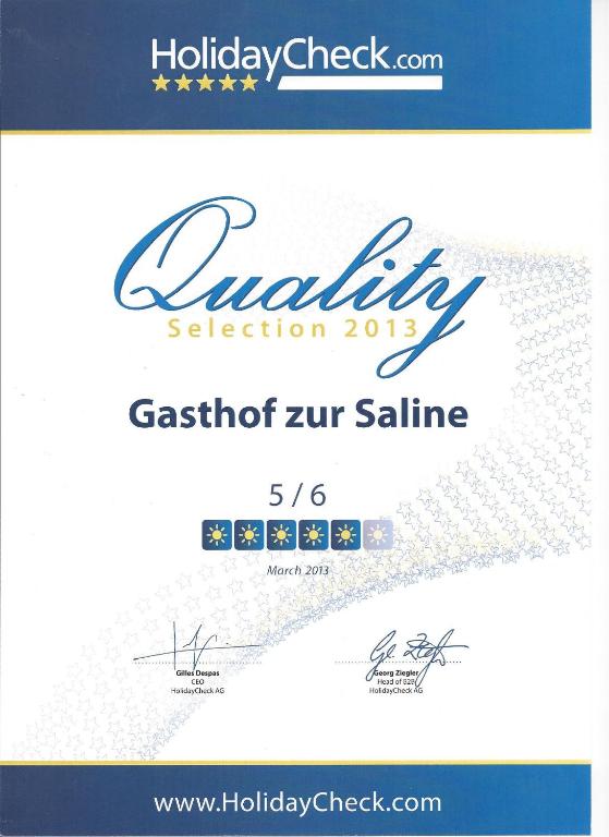 Certifikát, hodnocení, plakát nebo jiný dokument vystavený v ubytování Gasthof zur Saline