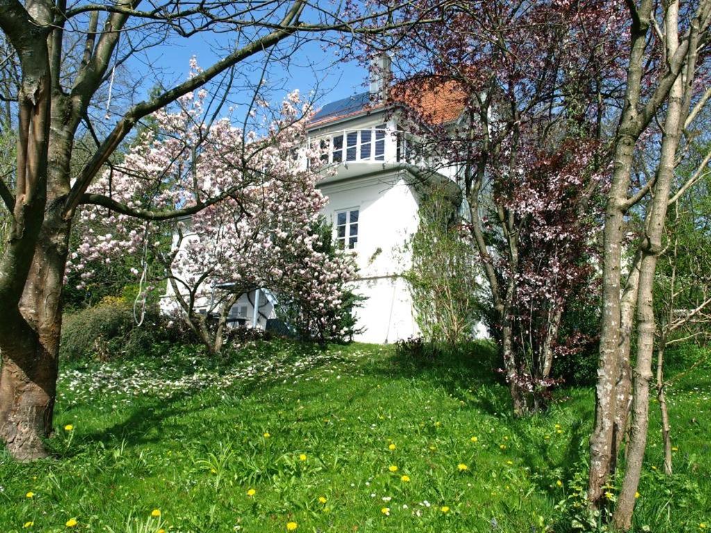 ein weißes Haus inmitten eines Gartens mit Bäumen in der Unterkunft Ferienwohnung Dausacker in Utting