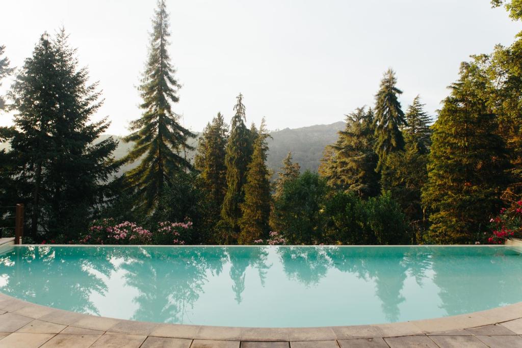 uma piscina com árvores ao fundo em Hotel Rural Misarela em Sidros