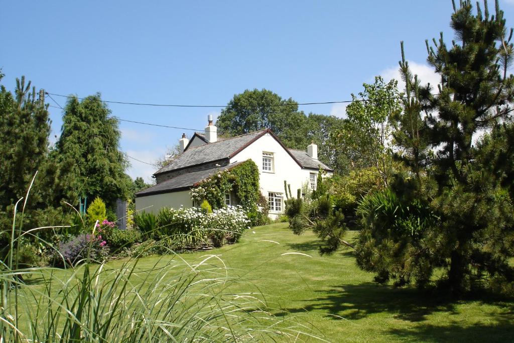 Biały dom z ogrodem przed nim w obiekcie South Sandpark Cottage w mieście Barnstaple